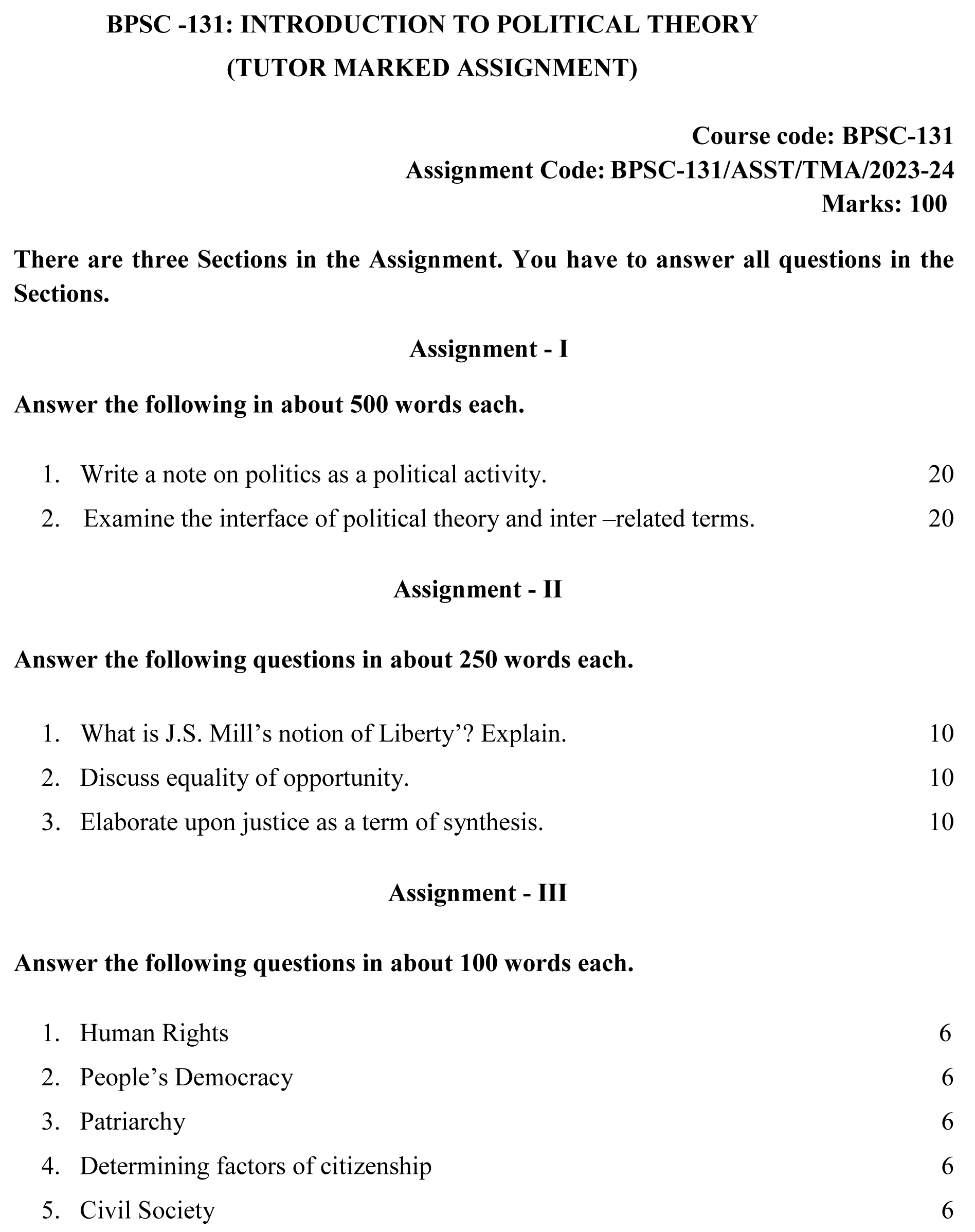 BPSC-131 - Introduction to Political Theory-July 2023 - January 2024