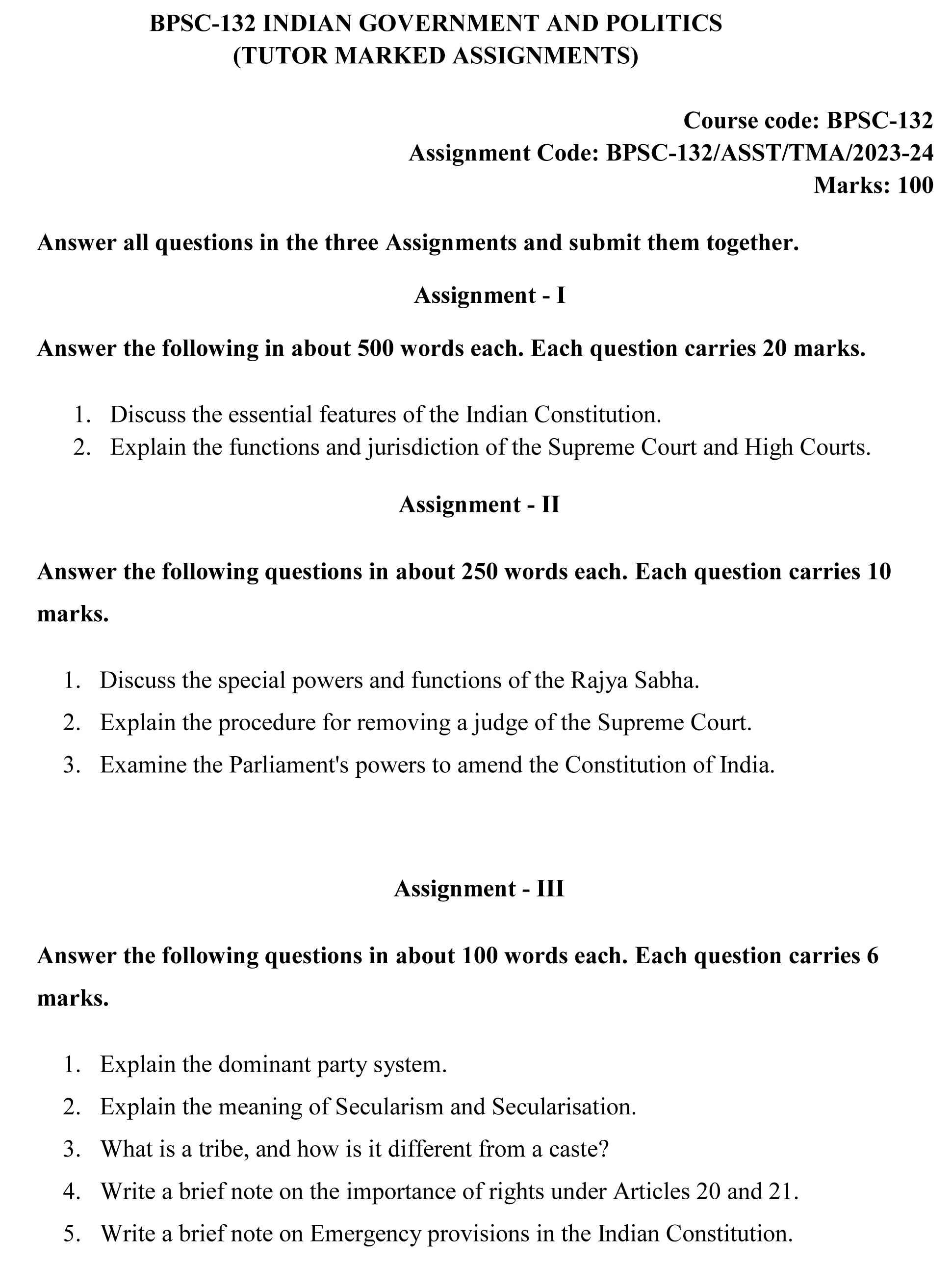 BPSC-132 - Indian Government and Politics-July 2023 - January 2024