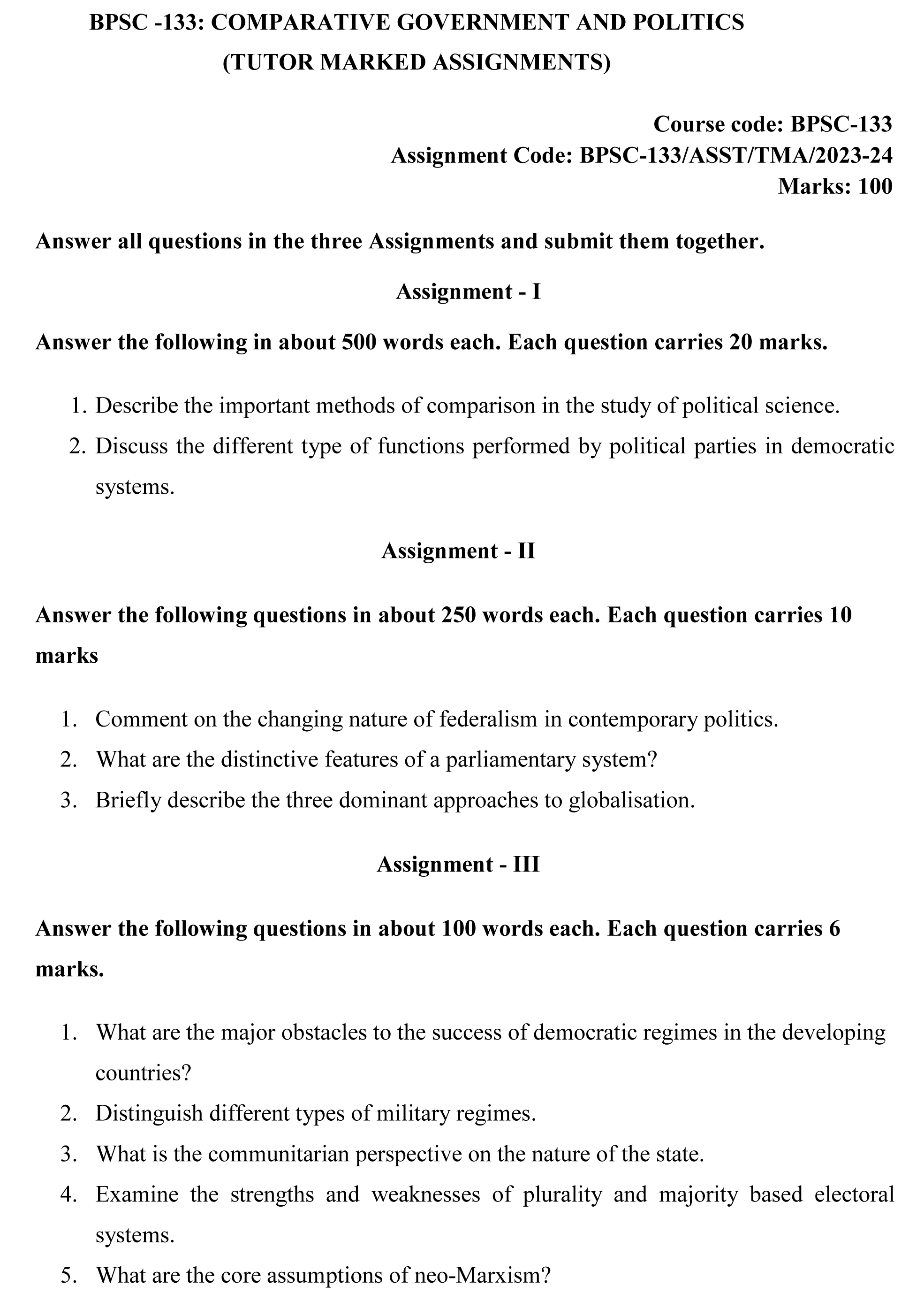 BPSC-133 - Comparative Government and Politics-July 2023 - January 2024