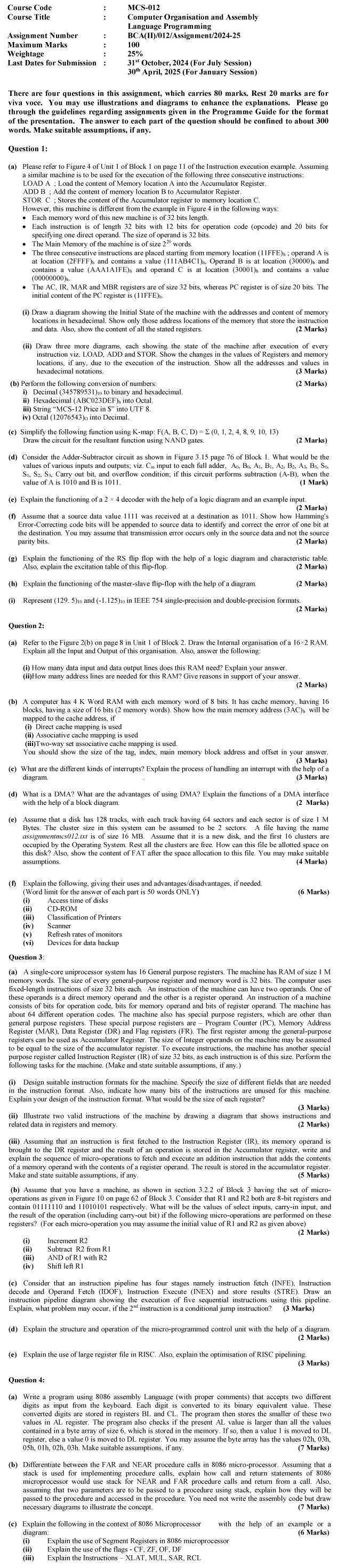 MCS-12 - Computer Organization and ALP-July 2024 - January 2025