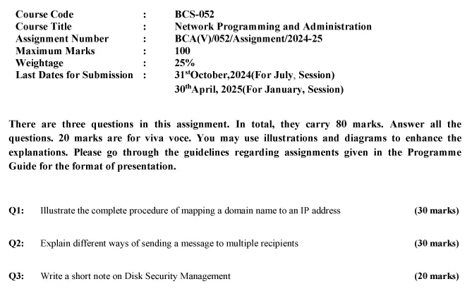 BCS-52 - Network Programming and Administration-July 2024 - January 2025