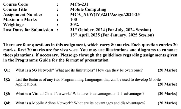 MCS-231 - Mobile Computing-July 2024 - January 2025