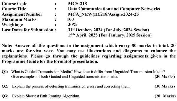 MCS-218 - Data Communication and Computer Networks-July 2024 - January 2025