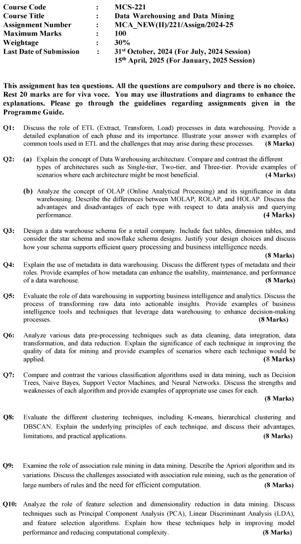 MCS-221 - Data Warehousing and Data Mining-July 2024 - January 2025