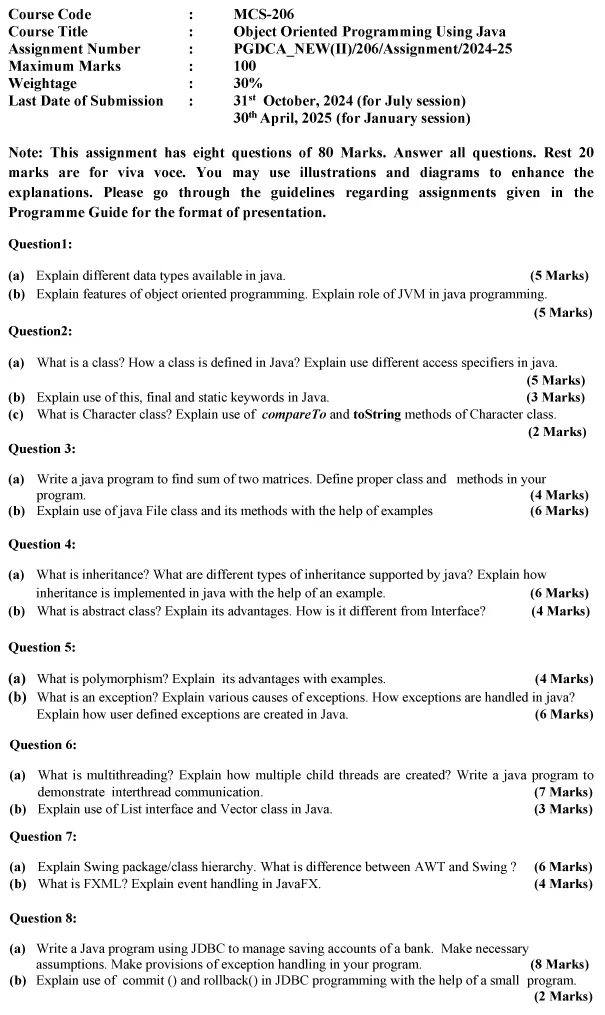 MCS-206 - Object Oriented Programming Using Java-July 2024 - January 2025