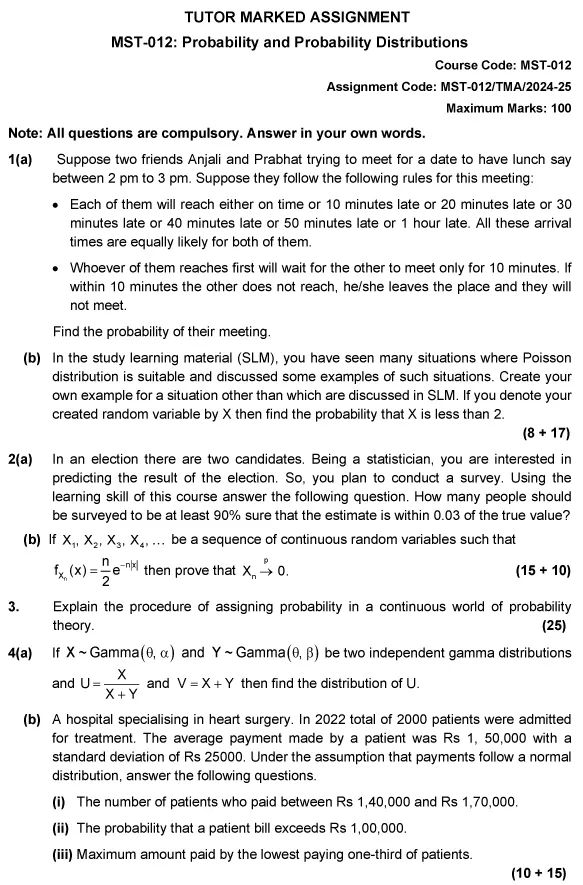 MST-12 - Probability and Probability Distributions-June 2024 - June 2025