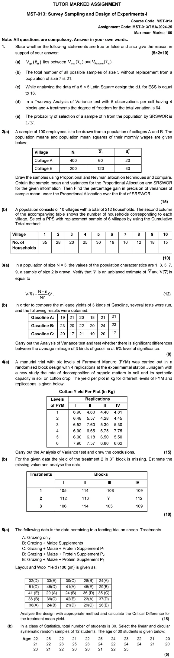 MST-13 - Survey Sampling and Design of Experiments-I-June 2024 - June 2025