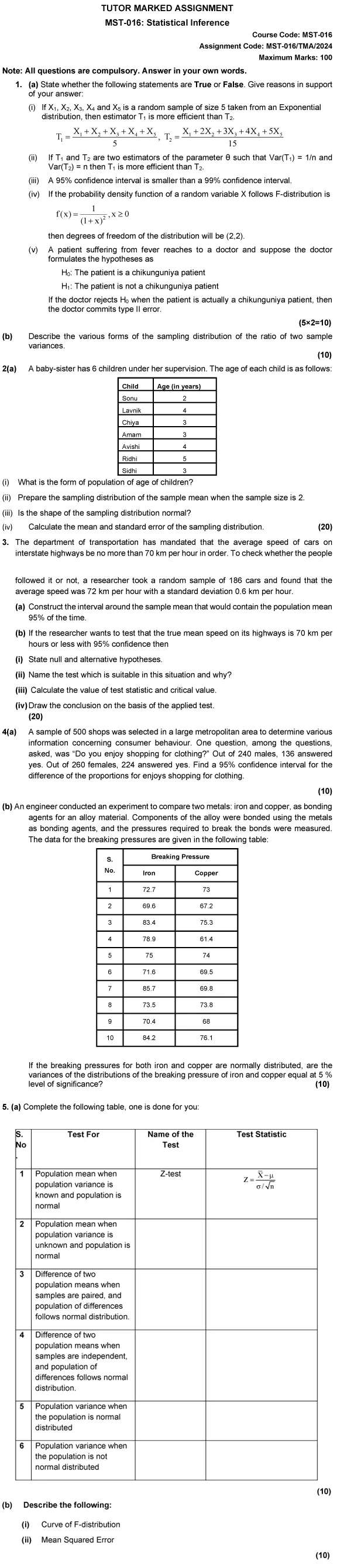 MST-16 - Statistical Inference-June 2024 - June 2025