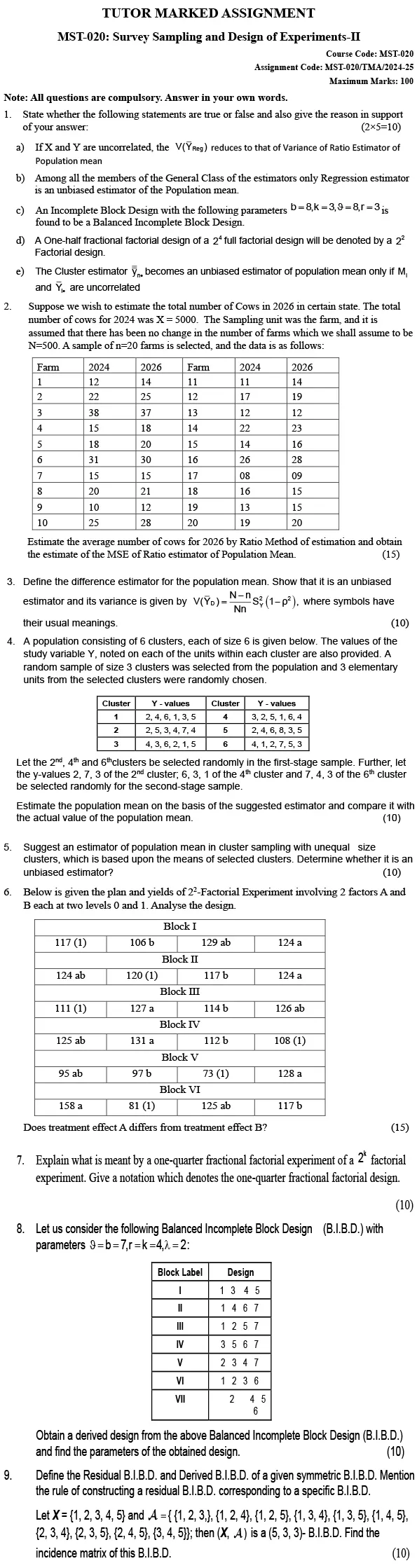 MST-20 - Survey Sampling and Design of Experiments-II-June 2024 - June 2025