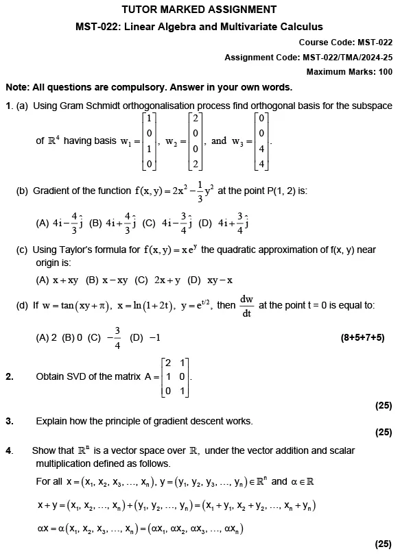 MST-22 - Linear Algebra and Multivariate Calculus -June 2024 - June 2025