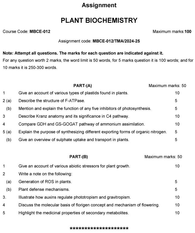 MBCE-12 - Plant Biochemistry-July 2024 - December 2025