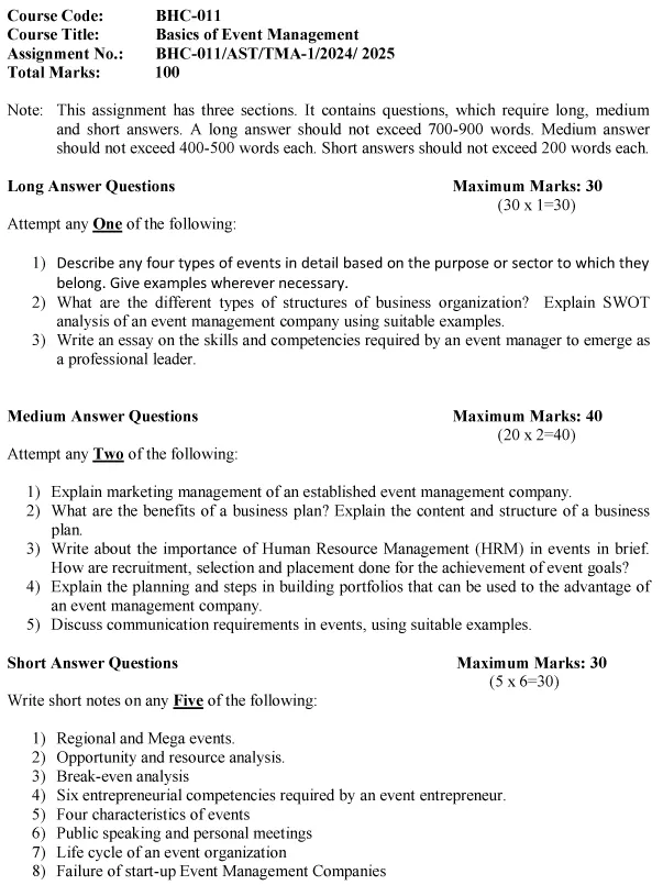 BHC-11 - Basics of Event Management -July 2024 - January 2025