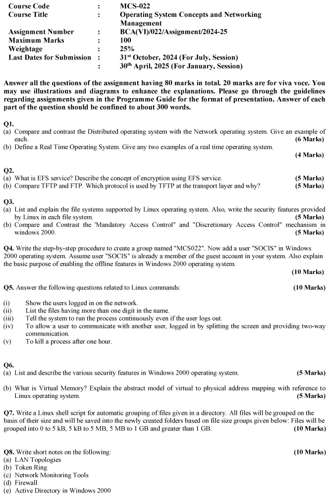 MCS-22 - Operating System Concepts and Networking Management-July 2024 - January 2025