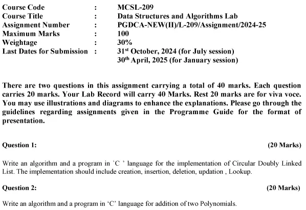 MCSL-209 - Data Structures and Algorithms Lab-July 2024 - January 2025