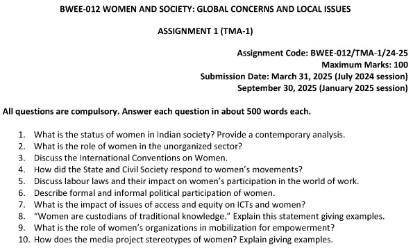 BWEE-12 - Women and Society: Global Concerns and Local Issues-July 2024 - January 2025