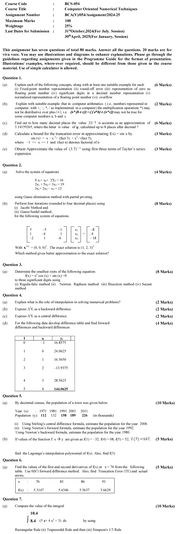 BCS-54 - Computer Oriented Numerical Techniques-July 2024 - January 2025