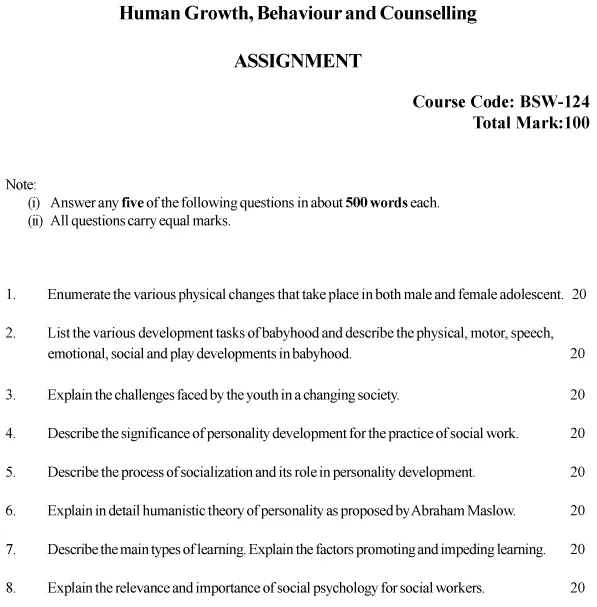 BSW-124 - Human Growth, Behaviour and Counselling-January 2025 - July 2025