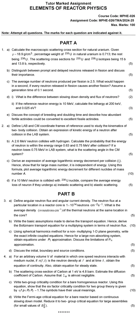 MPHE-26 - Elements of Reactor Physics-July 2024 - June 2025