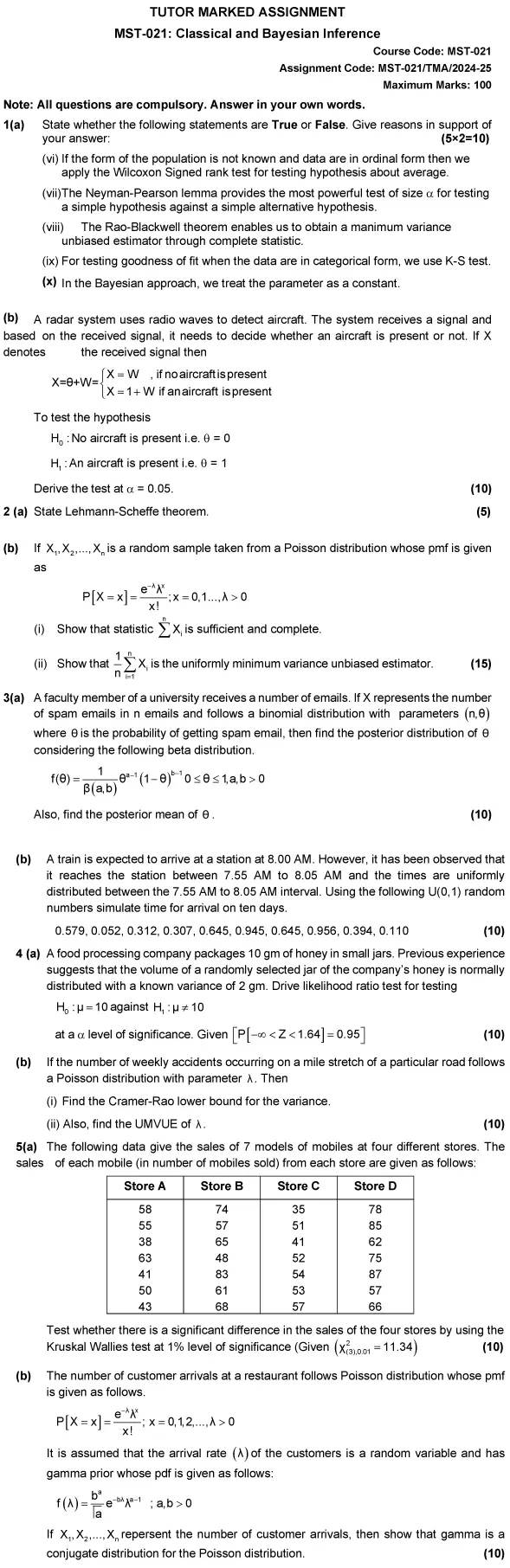 MST-21 - Classical and Bayesian Inference-June 2024 - June 2025