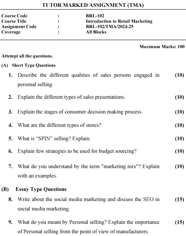 BRL-102 - Introduction to Retail Marketing-July 2024 - June 2025