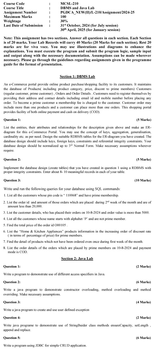 MCSL-210 - DBMS and Java Lab-July 2024 - January 2025