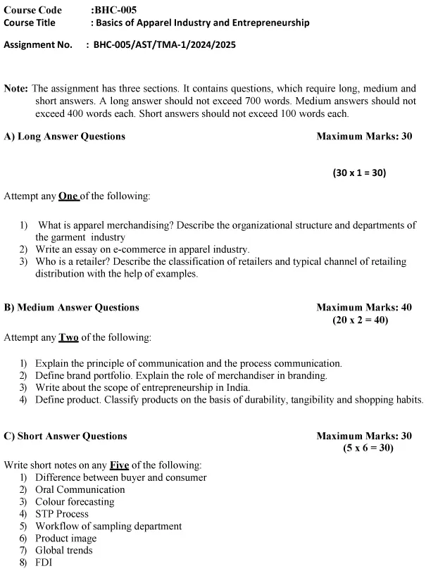 BHC-05 - Basics of Apparel Industry & Entrepreneurship-July 2024 - January 2025