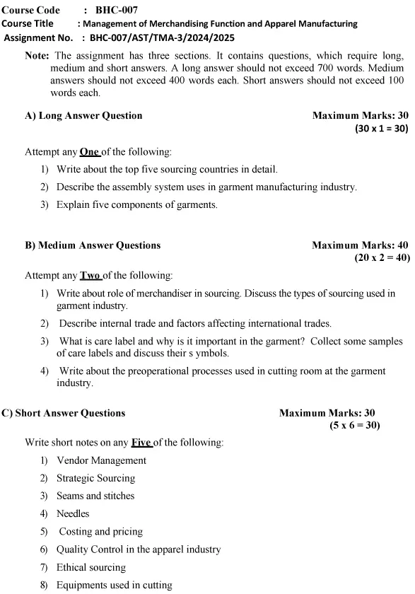 BHC-07 - Management of Merchandising Function and Apparel Manufacturing-July 2024 - January 2025