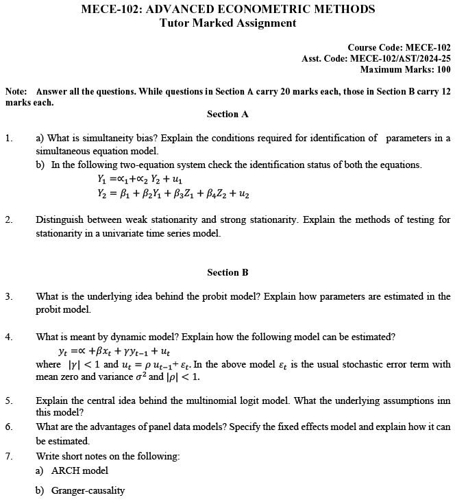 MECE-102 - Advanced Econometric Methods-July 2024 - January 2025