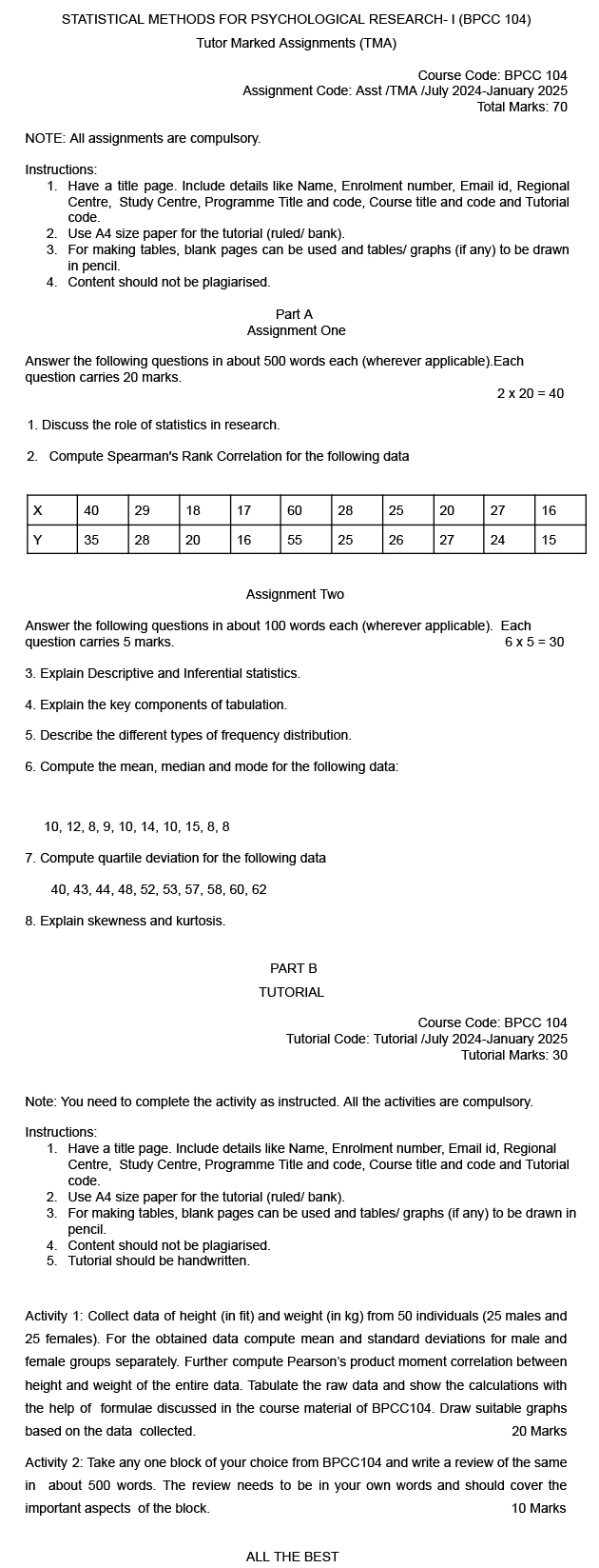 BPCC-104 - Statistical Methods for Psychological Research-I-July 2024 - January 2025