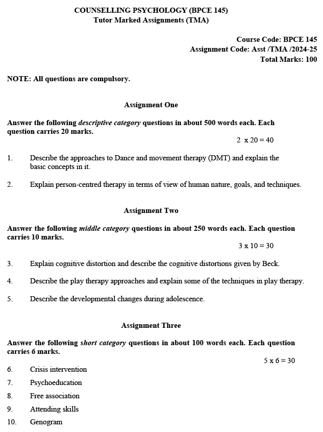 BPCE-145 - Counselling Psychology-July 2024 - January 2025