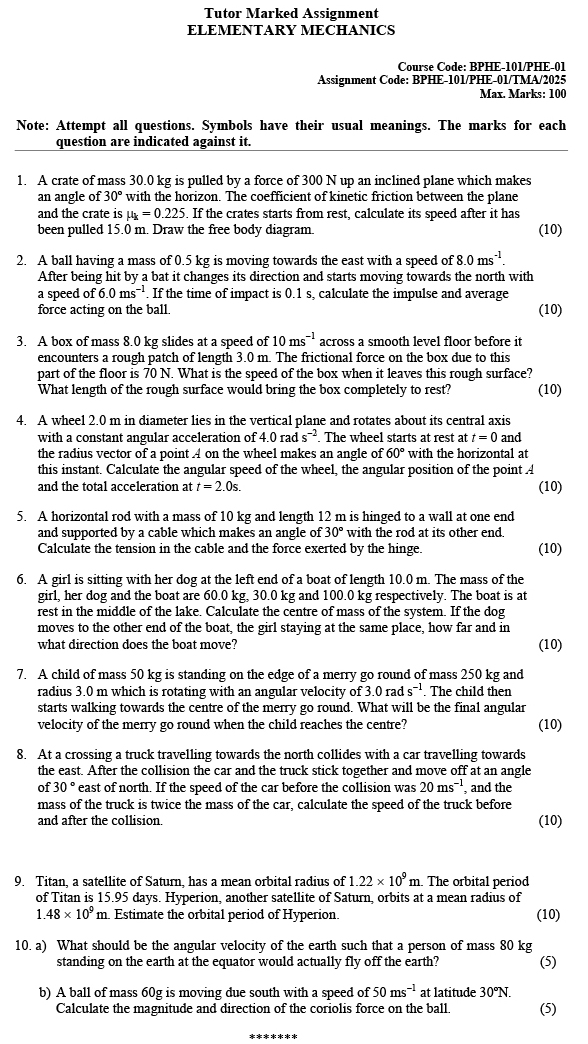 BPHE-101/PHE-01 - Elementary Mechanics-January 2025 - December 2025