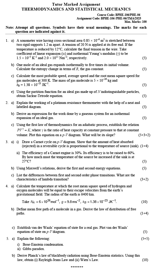 BPHE-106/PHE-06 - Thermodynamics and Statistical Mechanics-January 2025 - December 2025