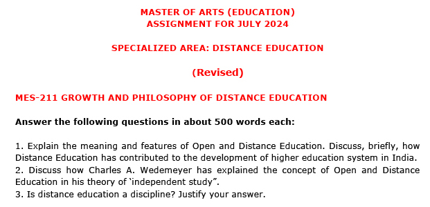 MES-211 - Growth and Philosophy of Distance Education-July 2024 - January 2025