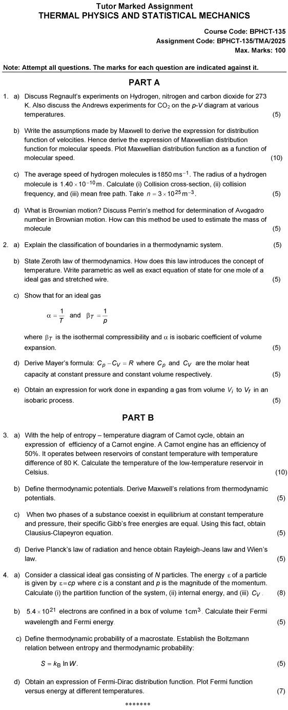 BPHCT-135 - Thermal Physics and Statistical Mechanics-January 2025 - December 2025