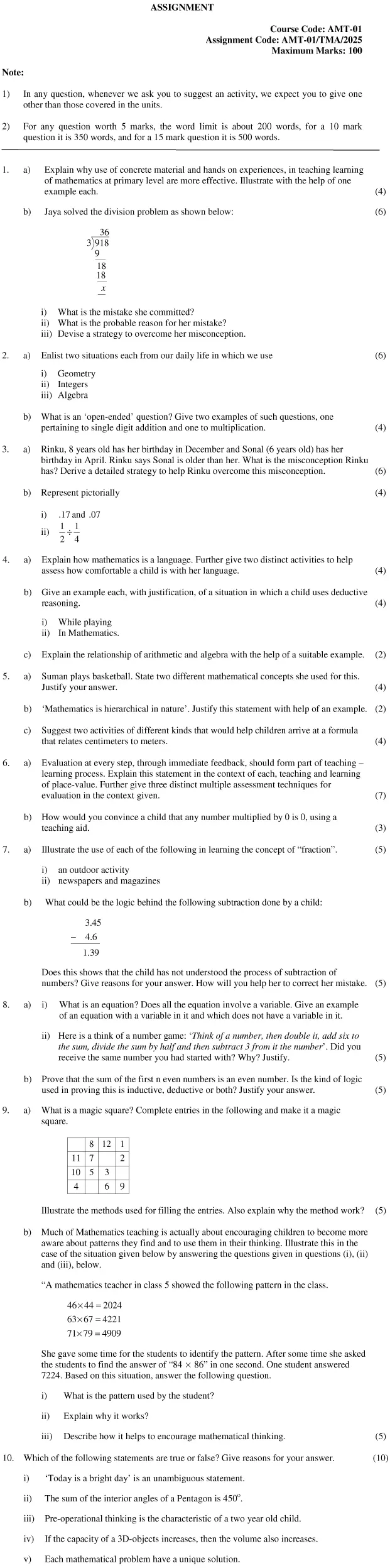 AMT-01 - Teaching of Primary School Mathematics-January 2025 - December 2025