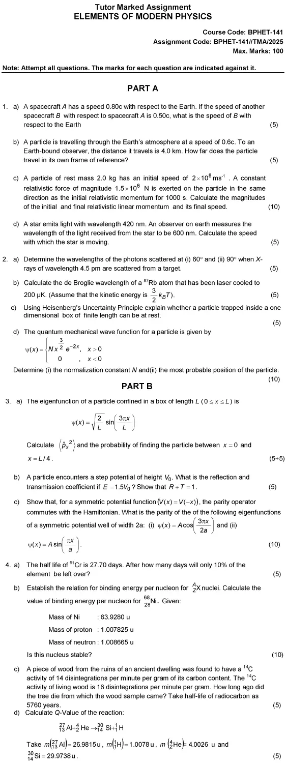 BPHET-141 - Elements of Modern Physics-January 2025 - December 2025