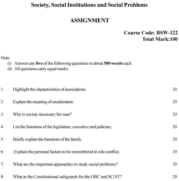 BSW-122 - Society, Social Institutions and Social Problems-July 2024 - January 2025