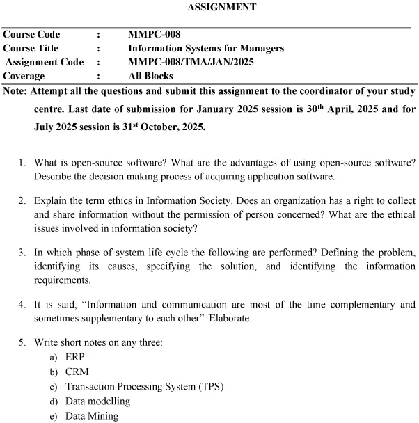 MMPC-08 - Information Systems for Managers-January 2025- July 2025