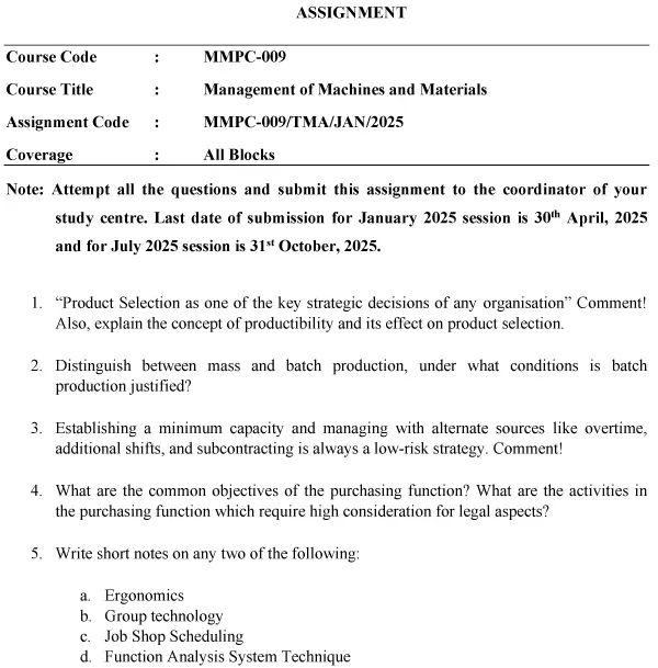 MMPC-09 - Management of Machines and Materials-January 2025- July 2025