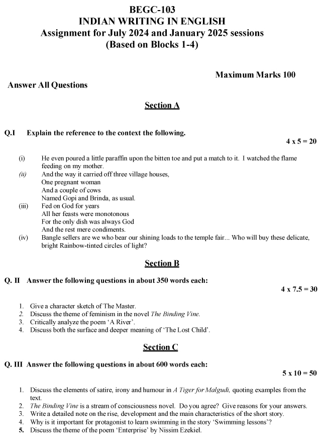 BEGC-103 - Indian Writing in English-July 2024 - January 2025