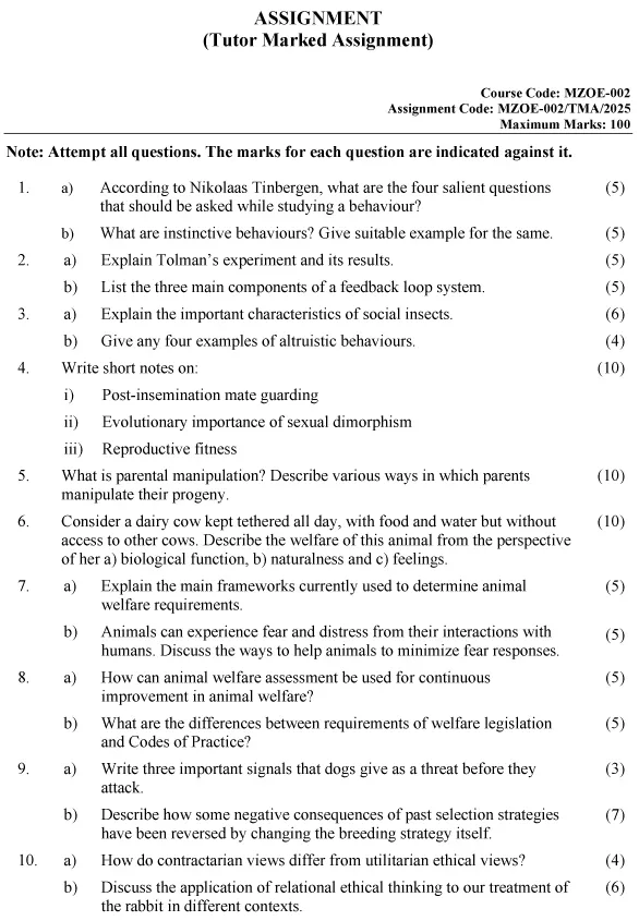 MZOE-02 - Animal Behaviour and Animal Welfare Ethics (Elective)-January 2025 - December 2025