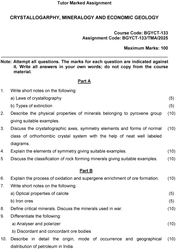 BGYCT-133 - Crystallography, Mineralogy and Economic Geology-January 2025 - December 2025