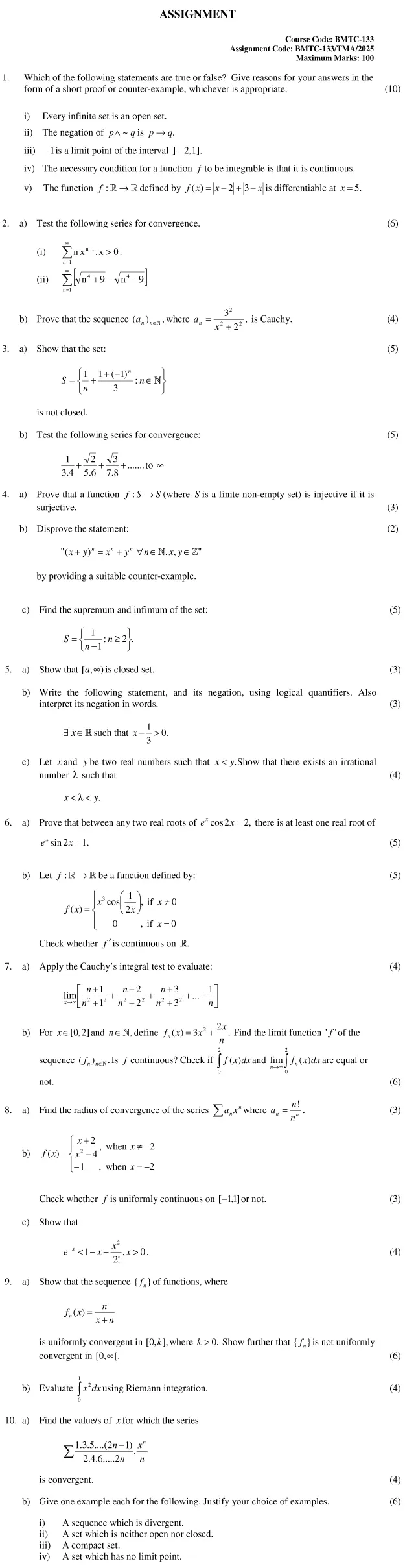 BMTC-133 - Real Analysis-January 2025 - December 2025