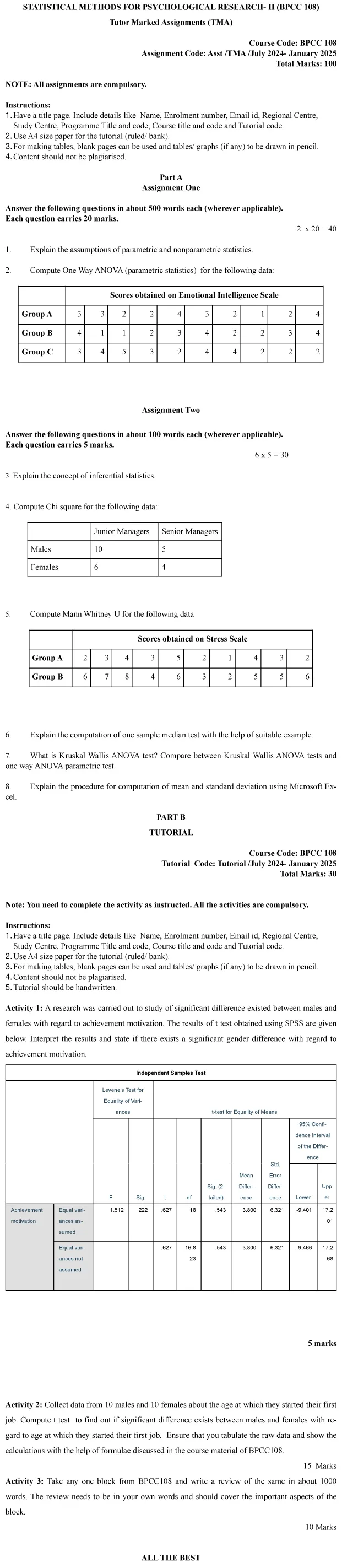 BPCC-108 - Statistical Methods for Psychological Research - II-July 2024 - January 2025