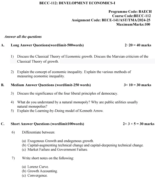 BECC-112 - Development Economics I-July 2024 - January 2025