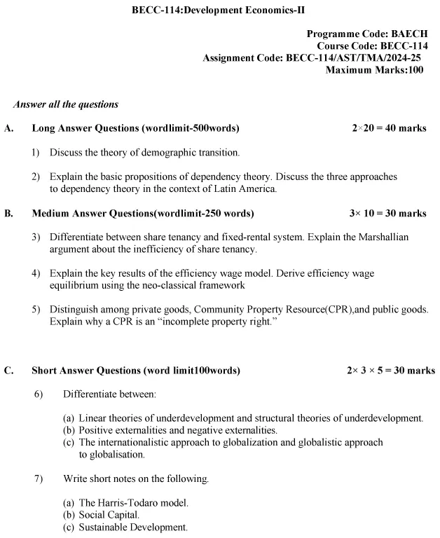 BECC-114 - Development Economics II-July 2024 - January 2025