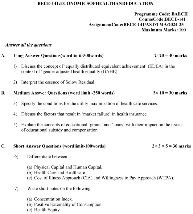 BECE-141 - Economics of Health and Education-July 2024 - January 2025