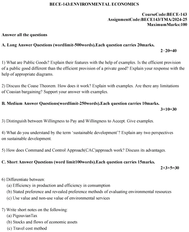 BECE-143 - Environmental Economics-July 2024 - January 2025