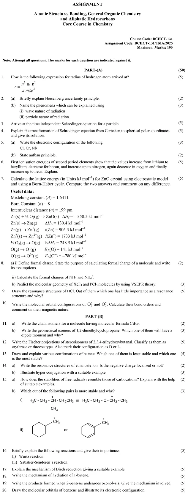 BCHCT-131 - Atomic Structure, Bonding, General Organic Chemistry and Aliphatic Hydrocarbons-January 2025 - December 2025