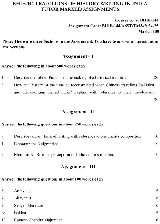 BHIE-144 - Traditions of History Writing in India-July 2024 - January 2025